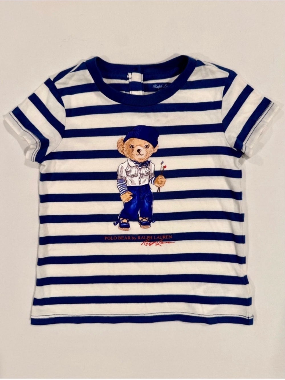 Ralph Lauren Polo Bear Tee Girls 18M Artist Striped Navy White Cotton Summer